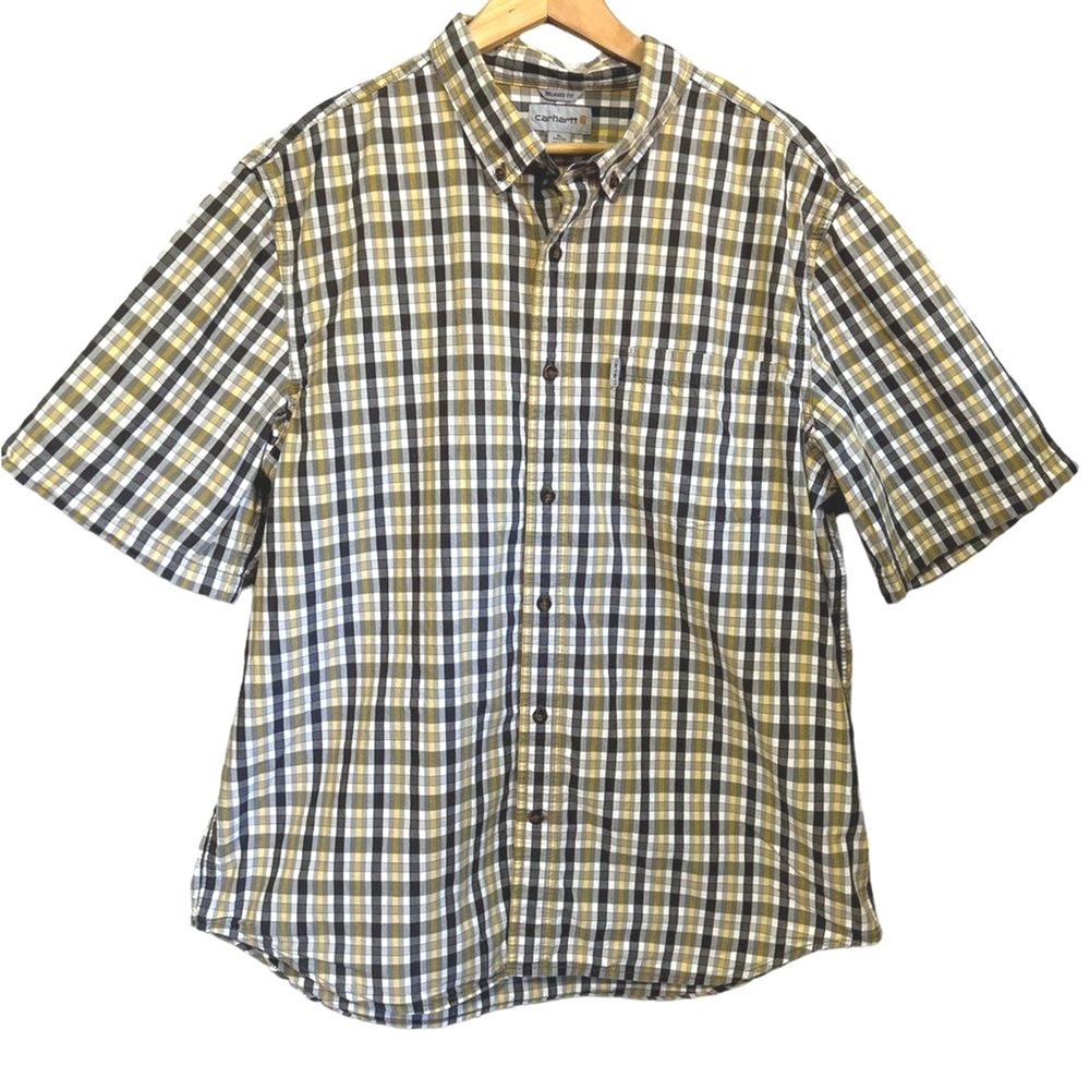 Carhartt Mens‎ Relaxed Fit Short Sleeve Plaid Button Down Shirt XL Yellow 101959